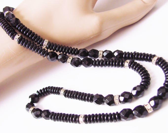 Vintage Black Faceted Glass Bead Rhinestone Necklace / Jewelry / 30 Inces Long / Jewelry / Jewellery