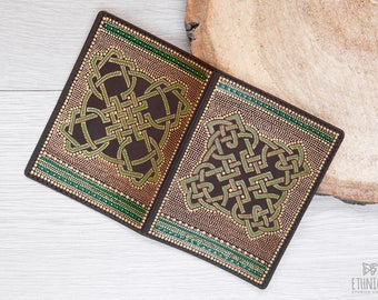 Painted leather passport cover with Celtic Knot. Gift idea for traveler, beautiful passport case for men