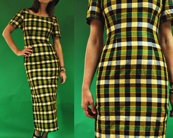 1970s Box Plaid Metallic Wiggle Dress