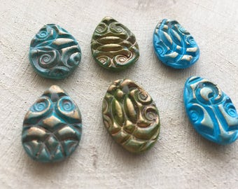 Teardrop beads, Handmade polymer clay beads, Textured beads, Tribal earring connectors, Orient design style, art to wear, Fimo jewelry
