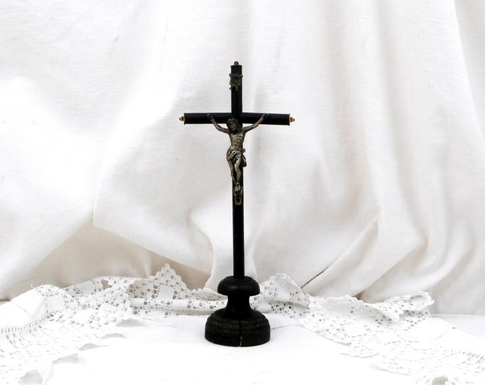 Antique French Black Wooden and Silver Plated Cross / Crucifix, Catholic, Christian, Church, Religion, Religious, Jesus, Vintage, Retro