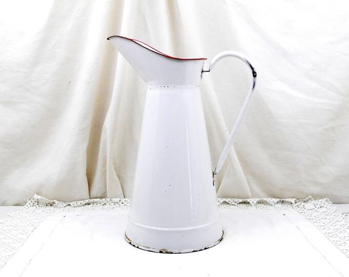 Large Antique French Chippy White Enamelware Water Pitcher, Shabby Chic, French Country Decor, Retro Home Interior, Jug, Vase, Chateau Chic
