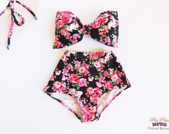 High Waisted Bikini Bow Set Vintage pink black floral roses Bandeau top Cute Sexy Swimwear Retro Pin up Swimming Costume floral Bathing suit