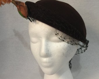 Vintage 1940s Espresso Brown Felt Bird Tilt Hat with Veil and Matching Hat Pin