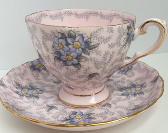 Vintage Tuscan Fine Bone China Tea Cup and Saucer Made in England Pink Blue Floral