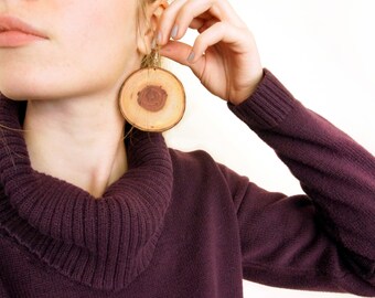 Natural Wood Slice Earrings, Large Wooden Earrings, Huge Wood Slice Hoops, Pecan Wood Earrings, Natural Wooden Earrings, Natural Jewelry