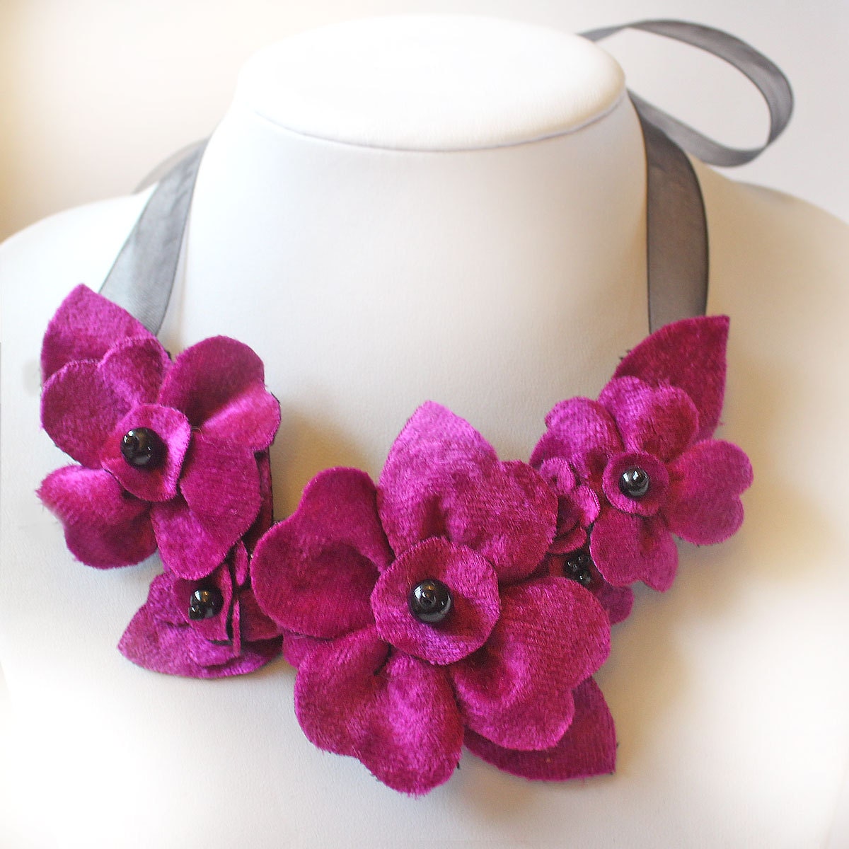 Hot Pink Necklace Velvet Flower Ribbon Necklace Fabric