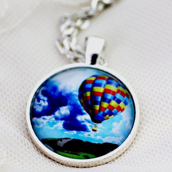 FREE SHIPPING Hot Air Balloon - silver or bronze pendant necklace. Teal green jewellery.