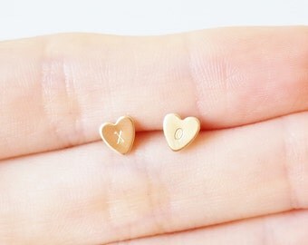 XO earrings. Personalized Initials Dainty Brass Gold Heart Sterling Silver Earring Studs/ hand stamped flat brass disc post earrings