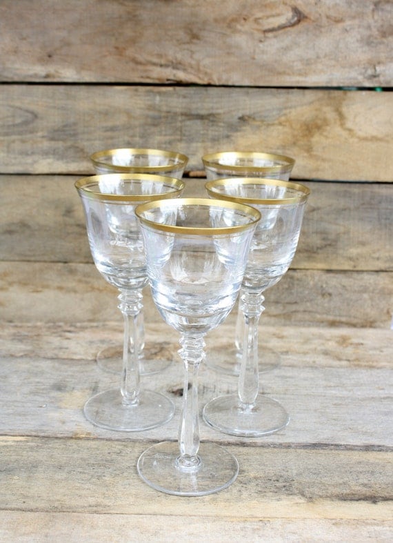 Vintage Gold Rimmed Wine Glasses Set Of Five 