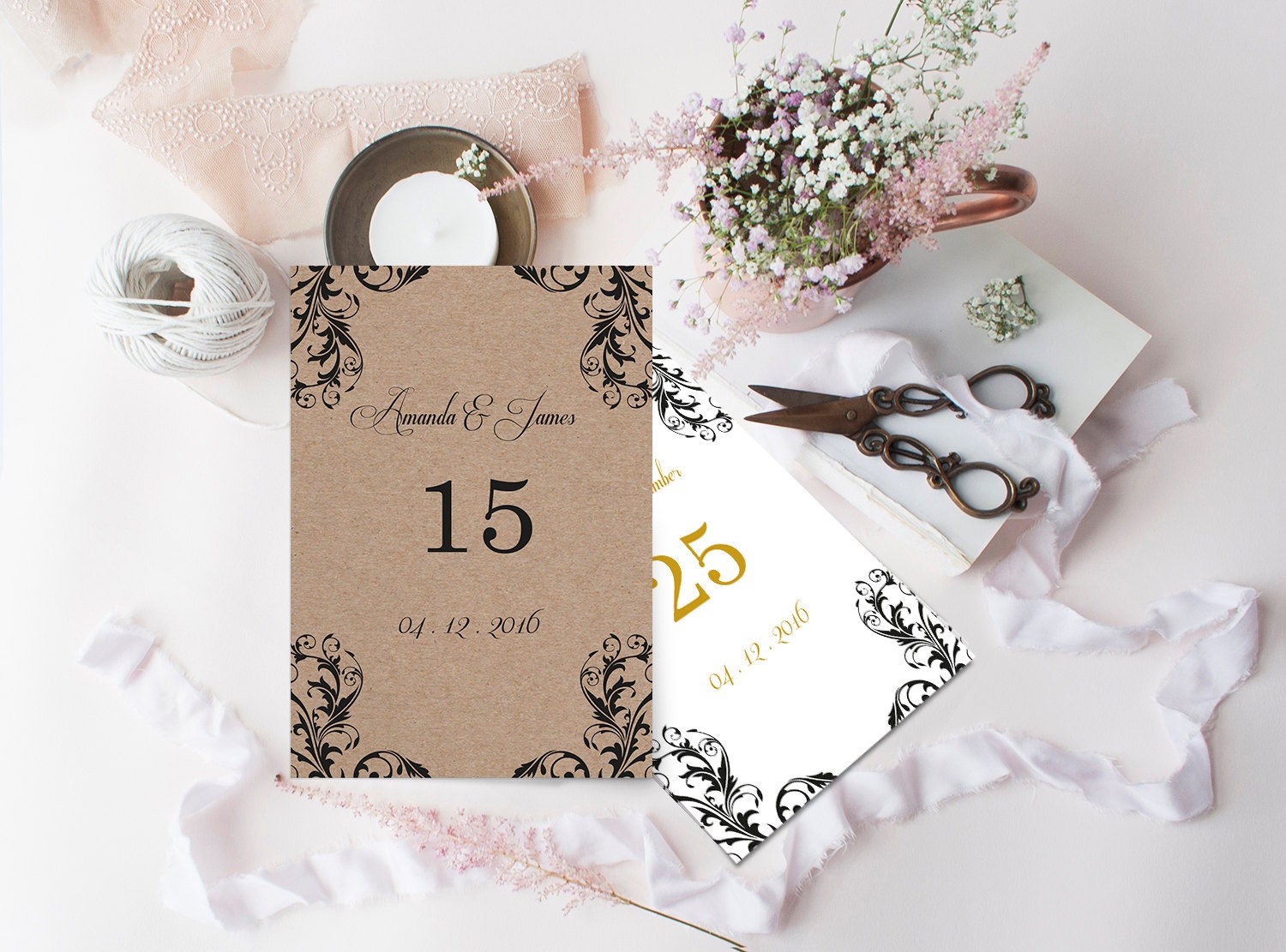 Kraft Paper Wedding Table Numbers Templates Rustic Damask