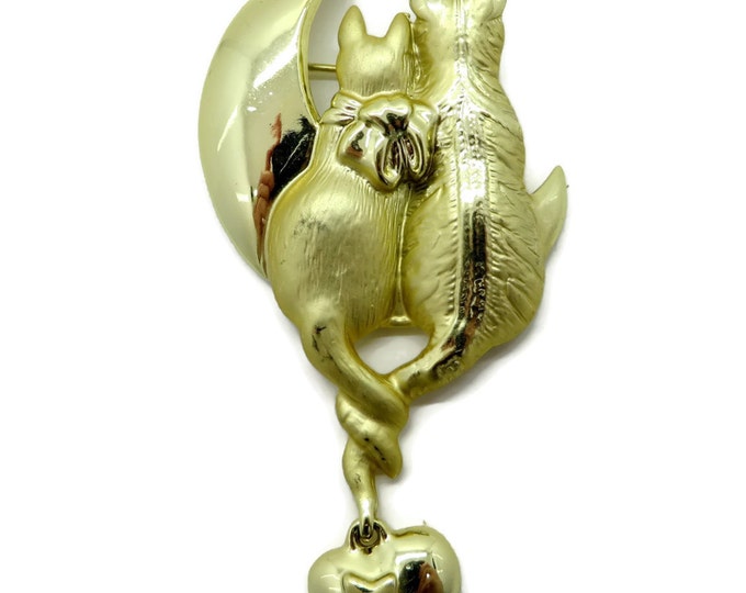 Vintage Brooch, Cats Brooch, Signed AJC Gold Tone Lovebird Cats on Half Moon Pin