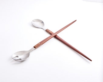 Mid Century Modern Teak Salad Servers - Stainless Steel Salad Servers - Danish Modern Kitchen Utensils
