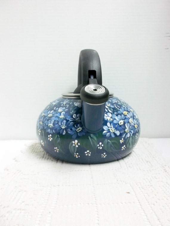 Tea Kettle Navy Blue Enamel Hand Painted by FolkArtByNancy