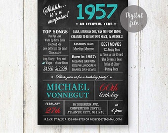 Surprise 60th Birthday Invitations | Chalkboard 60th birthday invitation for him best boss grandfather father | Fun facts 1957 DIGITAL file!
