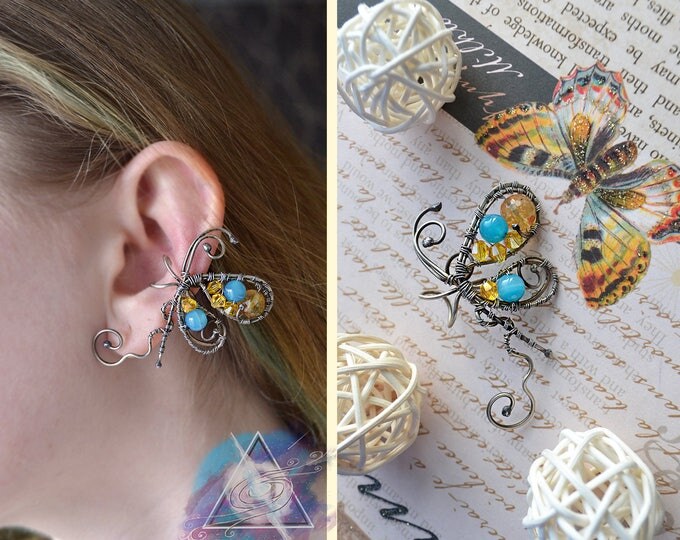 Ear cuff "July" | ear cuff butterfly, wire wrap ear cuff, summer boho ear cuff, butterfly bright jewelry, gift for girl, gemstone