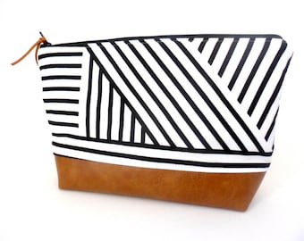 Diaper Clutch, Makeup Bag, Toddler Bag, Large Zip Pouch, Geometric Fabric, Toiletry Bag, Black and White Stripe