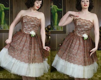 50s Party Dress | 50s Prom Dress | Tea Length Dress | 50s Tulle Dress | 50s Dress | 1950s Dress | 50s Strapless Dress | 50s Copper Dress |