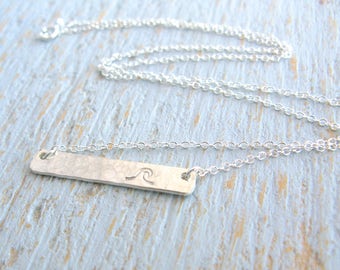 Wave Necklace, Silver Wave Necklace, Wave Bar Necklace, Stamped Bar Necklace, Simple Wave Necklace, Beach Necklace