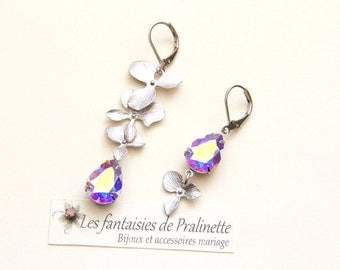 Boucles d'oreilles fleurs d'orchidée et cristaux Swarovski, bijoux mariage, - Bridal rhinestones and orchids flower earrings, drop earrings
