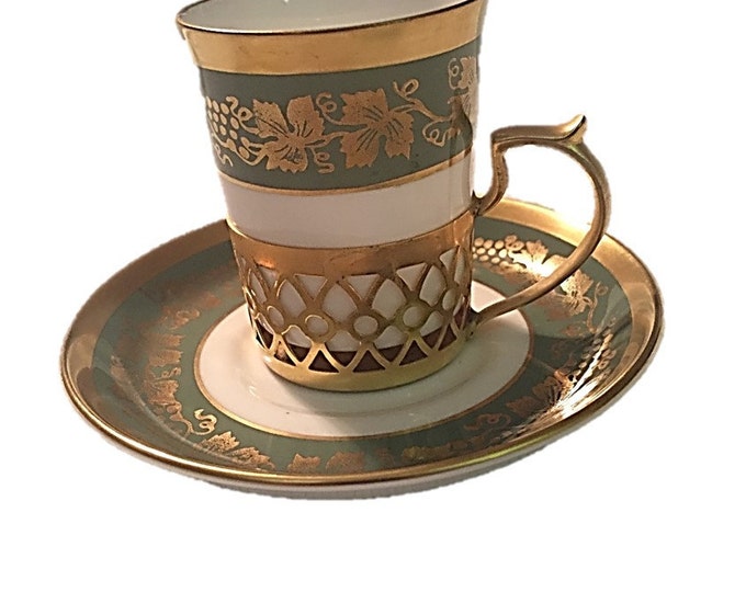 Vintage Crown Staffordshire Espresso Coffee Cup - Golden Metal Holder and Saucer - Jade Green & Gilt Art Deco Style Pattern 1930's 1950's