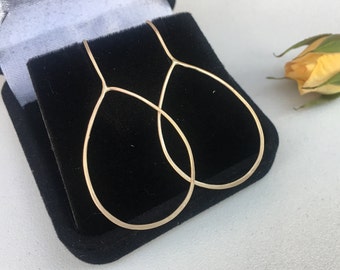14K Gold Hoop Earrings - SOLID GOLD 1.75 Inch Open Teardrop Shape Earrings - Hanging 14K Gold Earrings