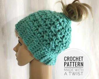 Messy Bun Hat CROCHET PATTERN - Pattern for Crochet Ponytail Hat - Bun Beanie Crochet Pattern - Running Hat Pattern - Bun Hat Pattern