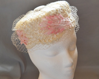 Beautiful Vintage Pillbox Hat - White Raffia with Pink Silk Flowers and Veil, 1950s or 1960s