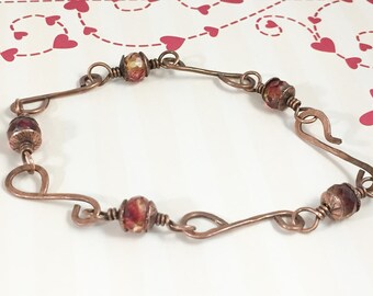 Hand Forged Copper Link Beaded Bracelet, Red Yellow Picasso Beaded Artisan Link Bracelet, Boho Rustic Antique Copper Jewelry