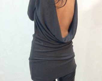 Grey Backless Top/Blouse/Long Sleeve Open Back Slim Shirt/Asymmetric Long Sleeve Blouse/Gray Blouse/Extravagant Blouse/Long Blouse/F1010