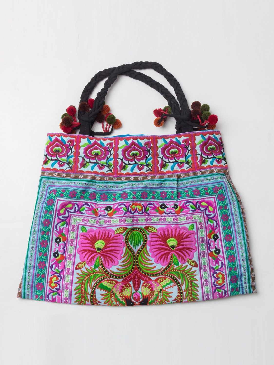 Blue Large Tote Bag Hmong Garden Embroidered Thailand Handbags