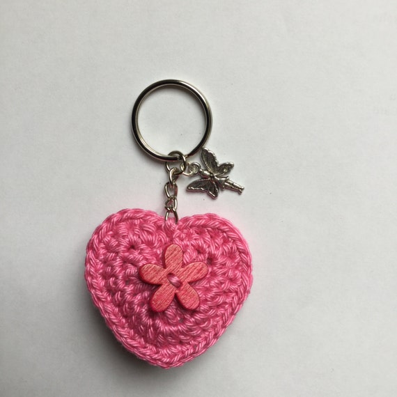 Crochet Heart Keychain Keyring Bag Charm in Pink