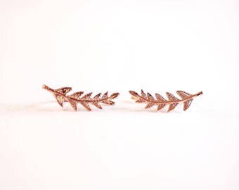 Shiny Rose Gold Leaf Ear Climber- Rose Gold Leaf Ear Cuff, Leaf Earrings Ear Crawler, Ear Climber, Ear Jacket, Leaves Ear Climber Crawler