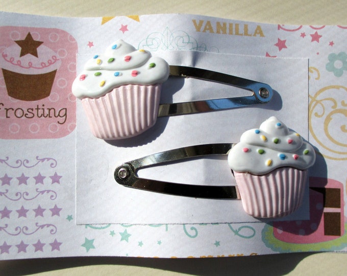 Pink cupcake barrettes-cupcake hair clips-Girls cup cake-Children-Little girls birthday gifts-cute girls accessory-snap clip-Kawaii barrette