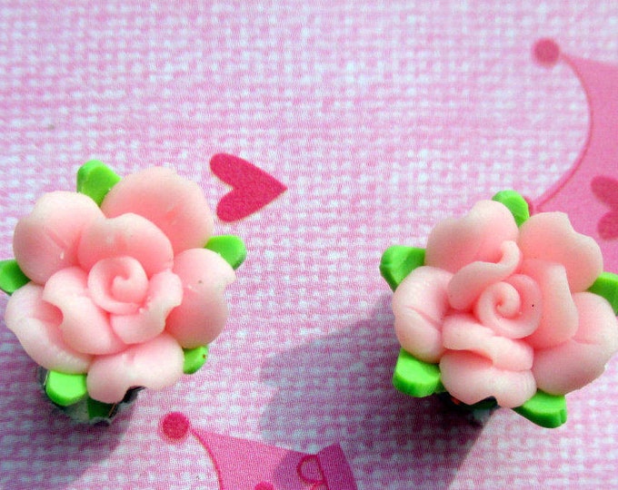 Pink Rose earrings-clay jewelry-Flower Girl earrings-childrens-clip on earrings-light pink rose studs-kids wedding accessory-little girls