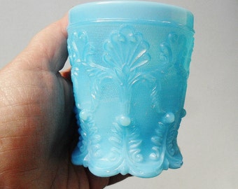 Pastel Blue French Milk Glass Pot Beaker Jar Opaline Turquoise Vintage Ornate Embossed Victorian Style Textured Highly Decorative Ideal Gift