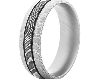 Damascus Steel Ring with Dual Channels