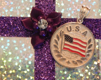 Vintage United States of America Country Flag Sterling Silver Pendant