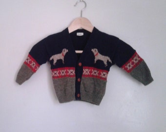 Vintage Babies' Navy Blue Dark Green Soft Knit Cardigan Sweater Dogs Sz 12 Mo Traditional Rustic