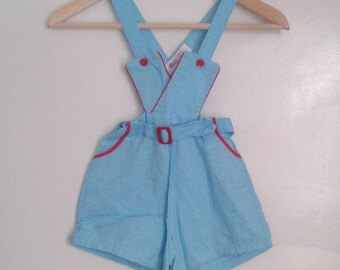 Vintage 1940's Kids' Brockways Turquoise Blue Wavey Crepe Cotton Romper Sunsuit Overall Shorts Sz 6 WWII Era Little Rascals