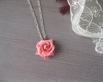 Coral bridesmaid jewelry Coral necklace Coral roses necklace bridesmaid necklace Thank you gift Maid of honor gift sister necklace rose