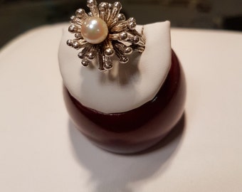 Sterling Silver Starburst Pearl Vintage Designer ALA Ring Petite