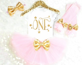 First Birthday Girl Outfit Pink and Gold Baby Girl First Birthday Outfit ONE Birthday Outfit Twinkle Star Birthday Outfit Stars ANY AGE BC1