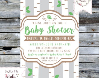 Baby Shower Invitation // Birch Trees and Bird // Gender Neutral // 5"x7" // Personalized Printable