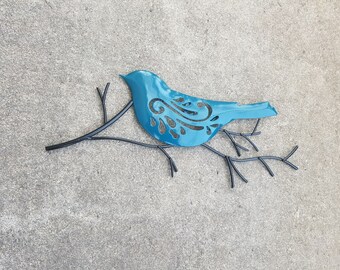 Metal Wall Art, Home Decor, Bird Wall Art, Black Metal Wall Decor, Metal Wall Decor, Metal Leaf Decor, Bird On Branch, Blue Metal Wall Art