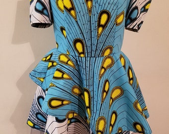 Ankara prom dress. Ankara cold shoulder dress. Ankara short dress. Ankara dress. African print dress. Dress for women. Short blue dress.