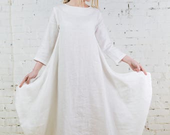 White linen dress, long linen dress, linen dresses women, linen extravagant dress, maxi summer dress, long sleeves dress/ LD0006