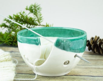White Mint Green Yarn bowl, Knitting Bowl, Low Price, Small Ceramic Yarn holder, Inexpensive Portable Crochet bowl, 4 holes MADE TO ORDER