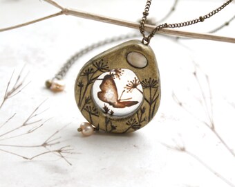 Butterfly Necklace, Meadow Painting, Painted Necklace, Moth Pendant, Painting Necklace, Butterfly Art, Hand Engraved, Miniature, OOAK