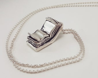 Open Book Necklace in Sterling Silver, Silver Book Pendant, silver book jewelry, bookish jewelry, silver journal pendant, silver open book